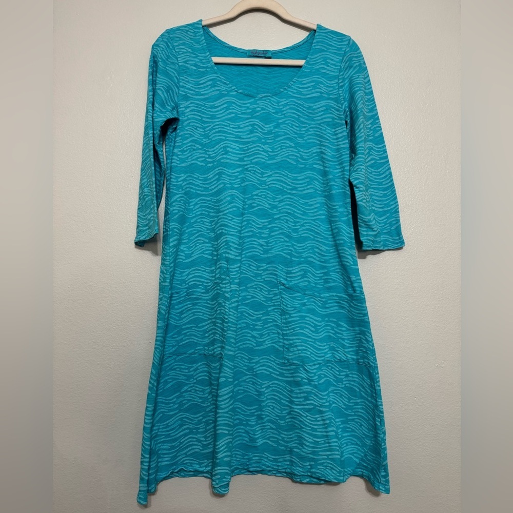 Fresh Produce Dalia 3/4 Sleeve Cotton Dress in Blue Wave / Seashore Print